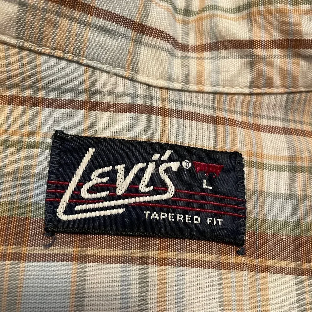 Vintage Levi’s Tapered Fit Plaid Button Up Western Shirt Mens Large Cream Tan